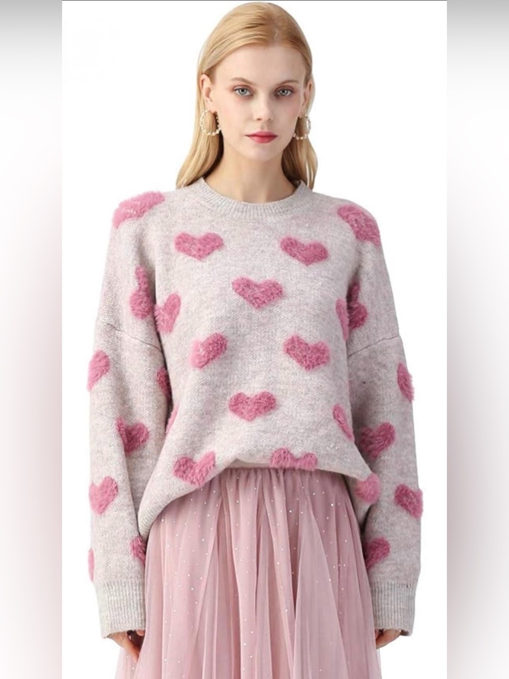 Chicwish Women's Pink Heart Pattern Crewneck Sweater